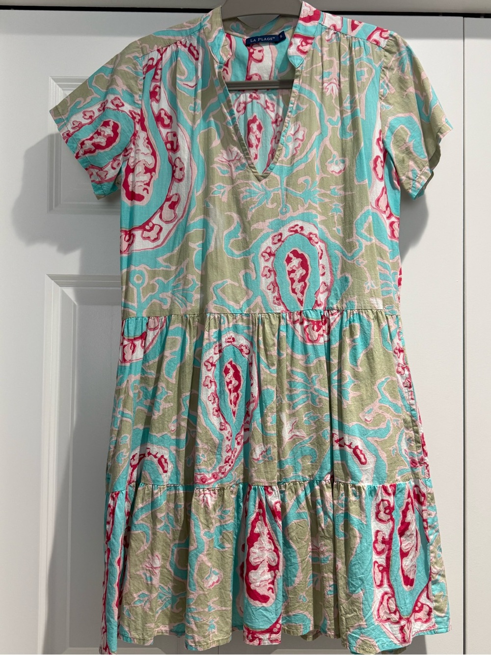 La Plage Aqua & Beige Paisley Tiered Midi Dress with Pink Accents